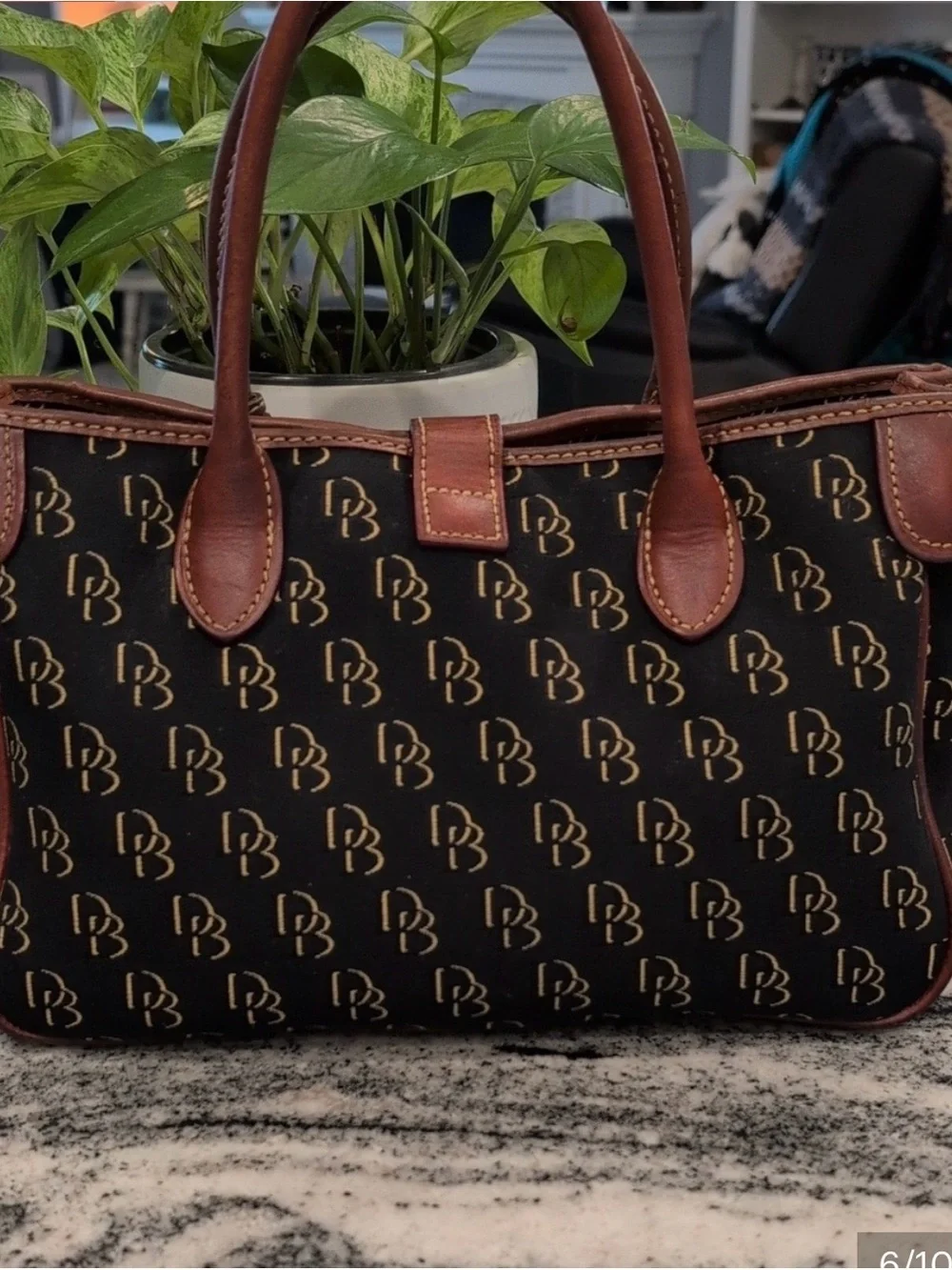 Dooney & Bourke Black Signature Canvas Satchel with Brown Leather Trim